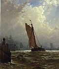 York Paintings - New York Harbor with the Brooklyn Bridge Under Construction by Alfred Thompson Bricher